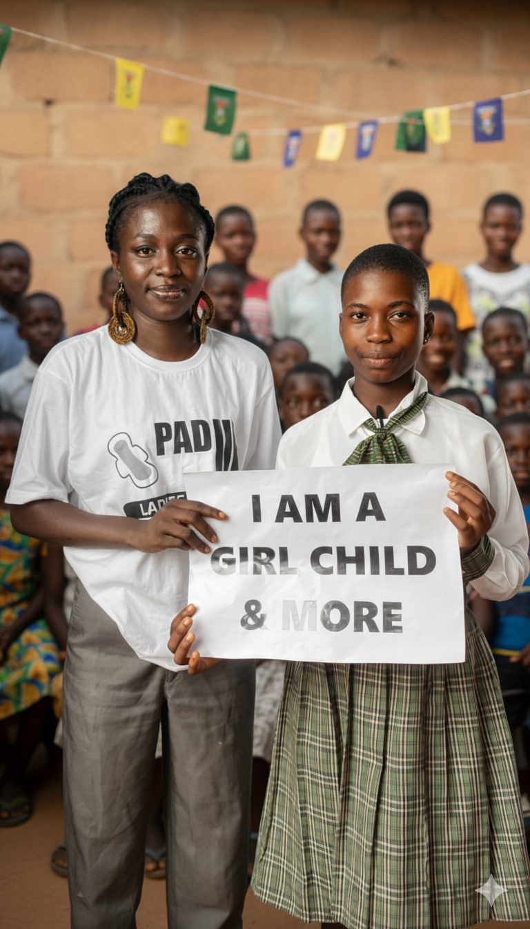 Foundation representative and girl holding an empowerment sign